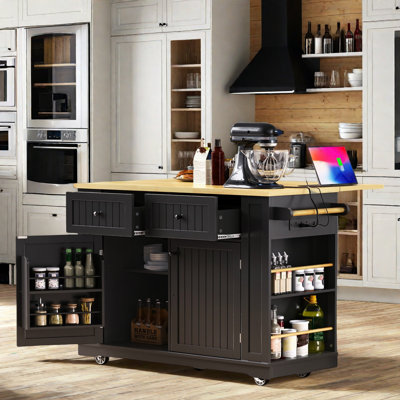 Large Rolling Kitchen Island With Drop Leaf, Power Outlet, Internal Storage Racks, 5 Open Side Racks, 2 Drawers, An Adjustable Shelf by Lark Manor