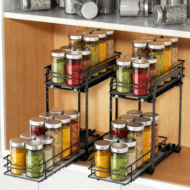 Étagère à épices coulissante à 2 niveaux pour armoires, panier en métal réglable robuste avec glissières à roulement à billes lisses, rangement pour épices facile d'accès pour garde-manger et armoire de cuisine