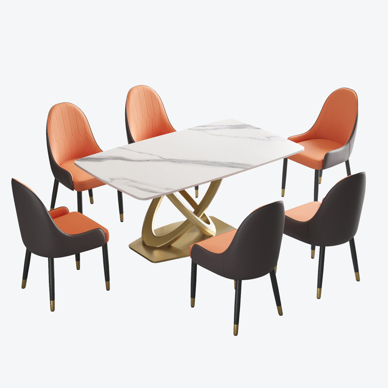 Ensemble de table de salle à manger à piédestal en pierre 7 pièces, Marbre blanc, Noir / orange