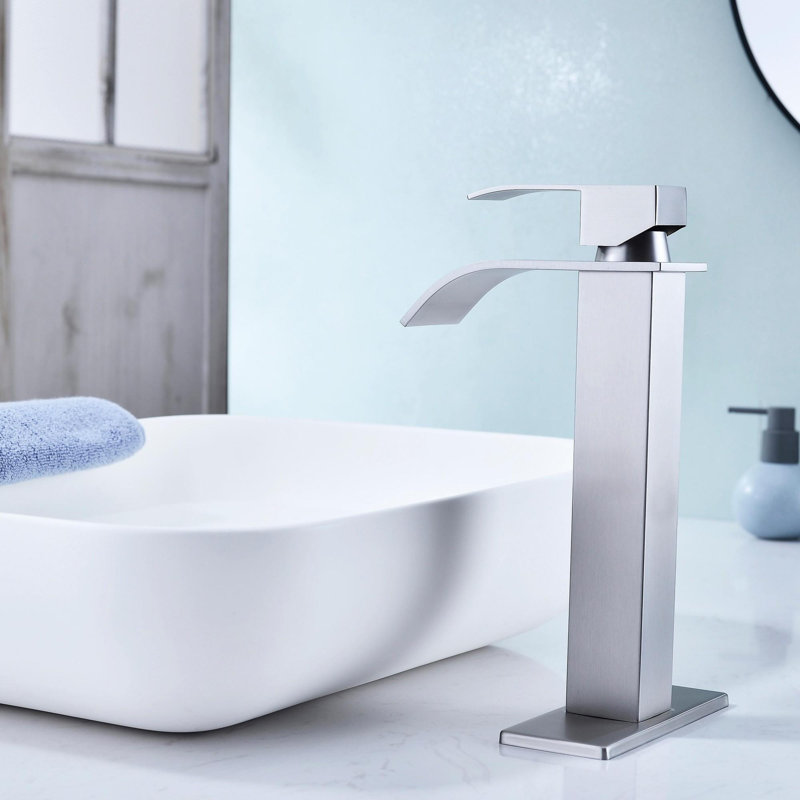 Single Handle Bathroom Vanity Sink Faucet with Waterfall Spout, Brushed Nickel