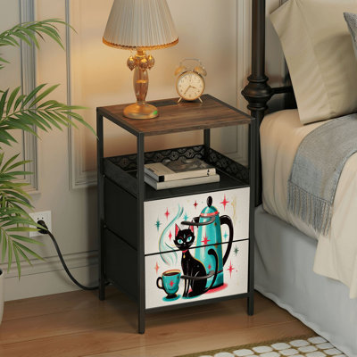 Table de chevet 2 tiroirs avec station de charge, table de chevet pour chambre à coucher avec ports USB et prises de courant, tablette de chevet noire, table de chevet avec théière rétro pour chat, impression Mid-Century moderne