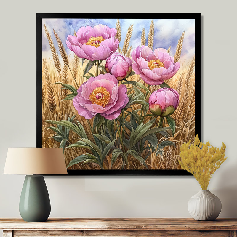 Pe pivoines dans le champ de blé III - pivoines, art mural sur toile, Reproduction encadrée d'une seule photo, Noir