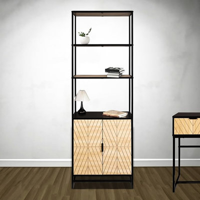 Étagère de 6 livres avec un éclat moderne côtier, bois noir et naturel, rangement pour bureaux à domicile, hauteur de 67 po