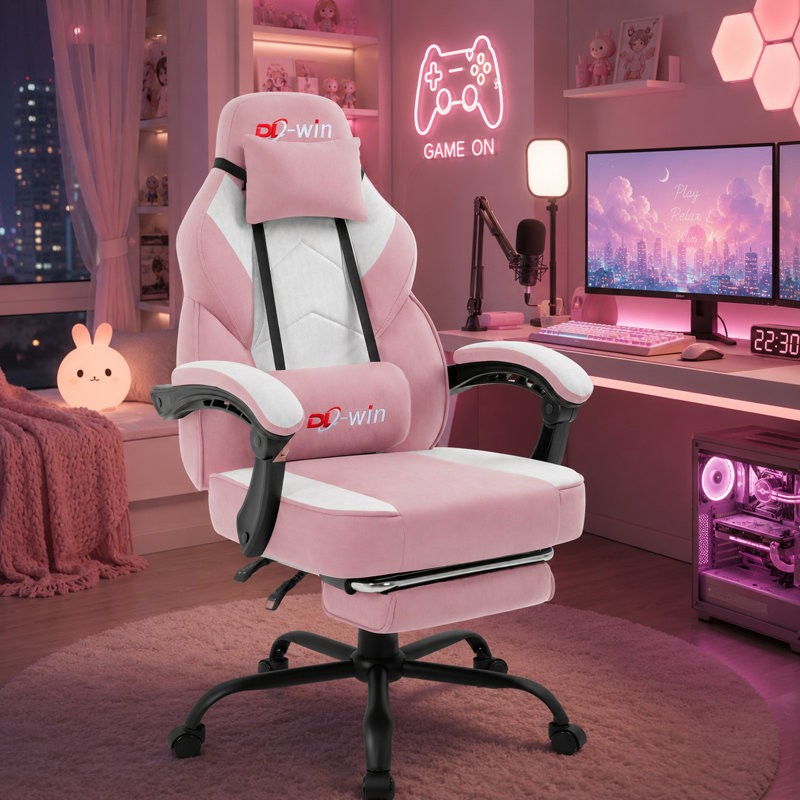 Adjustable Reclining Ergonomic Fabric Gaming Chair with Footrest and Lumber Support, Pink