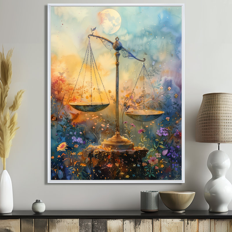 Astrologie équilibrée jaune et bleue, Balance I - Astronomie, art mural, H 34 po x l 44 po, Cadre flottant blanc