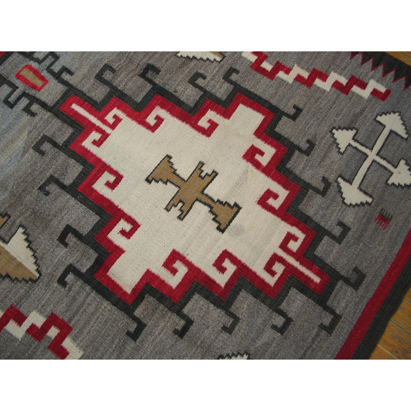 Antique Gray Background Tribal Geometric Flatwoven Native American Navajo Rug
