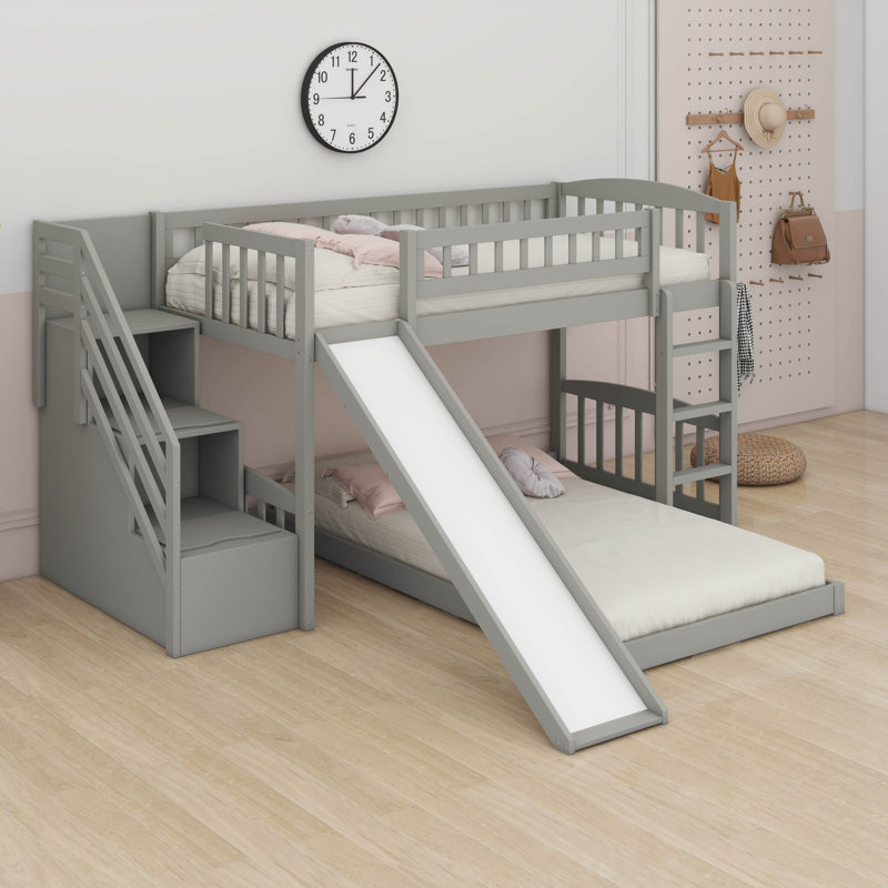 Lit superposé simple au-dessus de simple, escalier simple avec glissière et échelle, Gris
