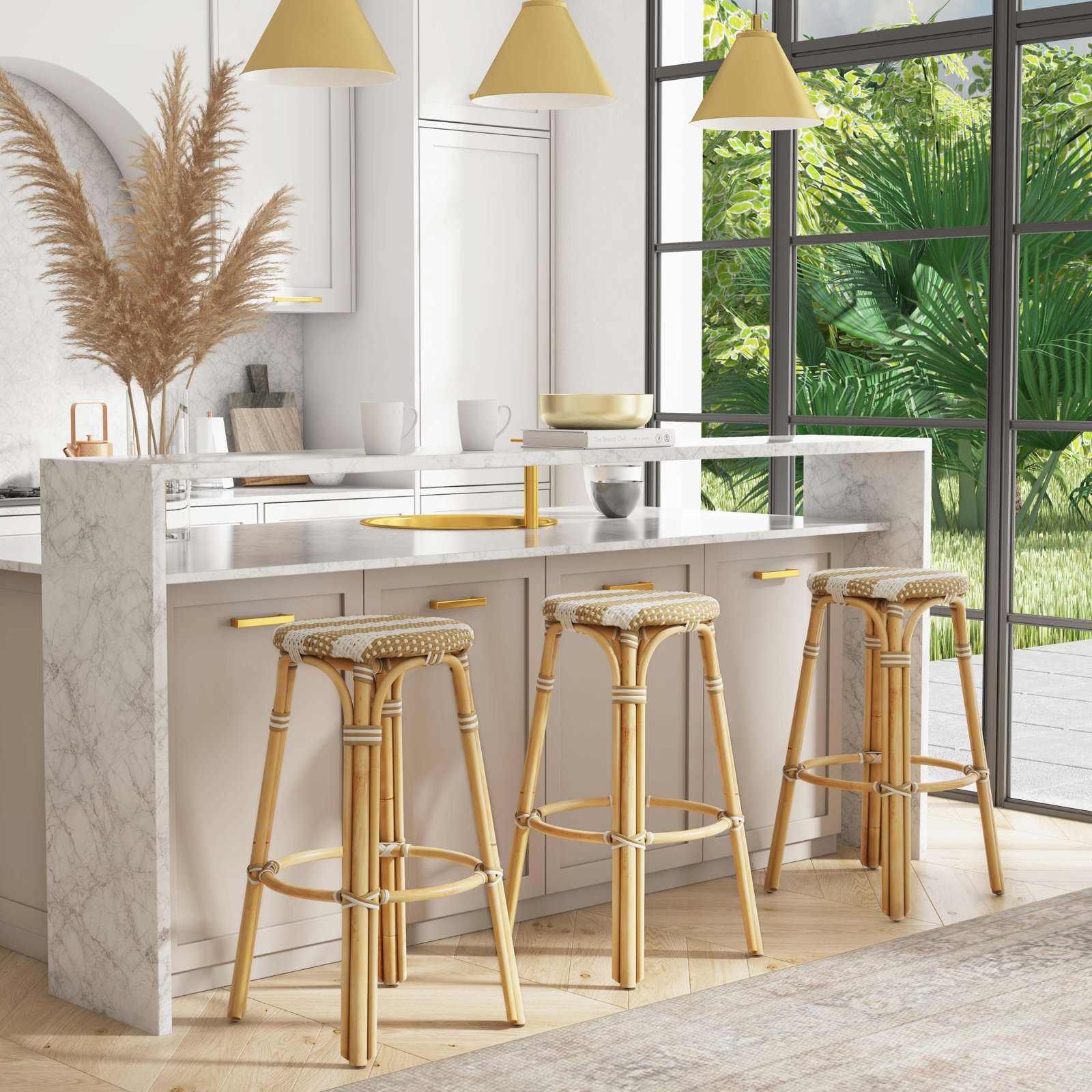 Alastair Bar & Counter Stool, Bar Stool (30" Seat Height), Tan/White Stripe/Natural Rattan Frame