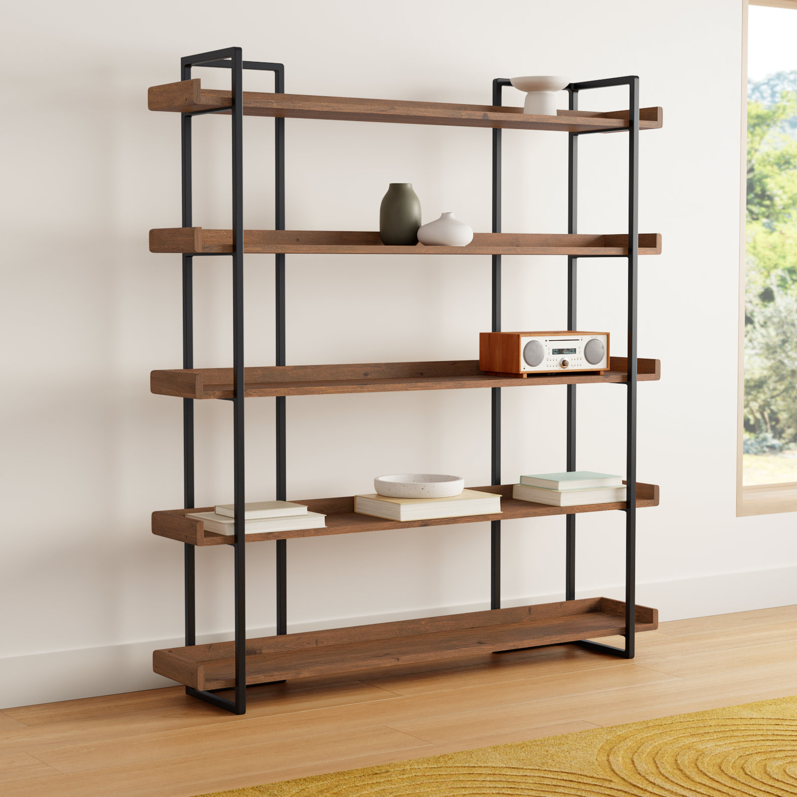 Berrien Acacia Bookcase, (5 Shelves) 75.5" H x 68" W x 13.5" D