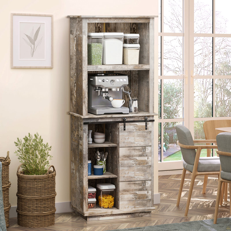 Kitchen Buffet With Hutch, Pantry Storage Cabinet With Sliding Barn Door, Adjustable Shelf