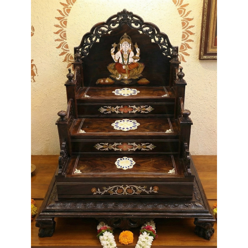 Large Hand-Painted Puja Mandir, 45-Inch Wooden Home Shrine with Storage Drawer