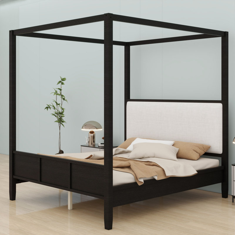 Lit plateforme élégant à baldaquin en bois, tête de lit tapissier, aucun sommier tapissier requis, Queen, Black