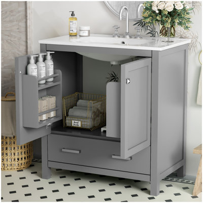 30" Gray Bathroom Vanity with Single Sink, Combo Cabinet Undermount Sink, Bathroom Storage Cabinet with 2 Doors and a Drawer, Soft Closing, Multifunctional Storage, Solid Wood Frame