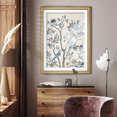 " Blue Birds And Branches Elegant Farmhouse Country Rustic Gold Framed Wall Art Decoration "