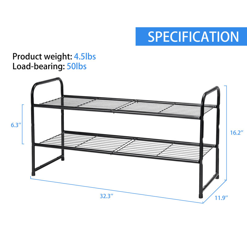 32'' Wide 2-Tier Wire Grid Shoe Rack for Closet, Stackable and Adjustable Shoe Shelf, Black