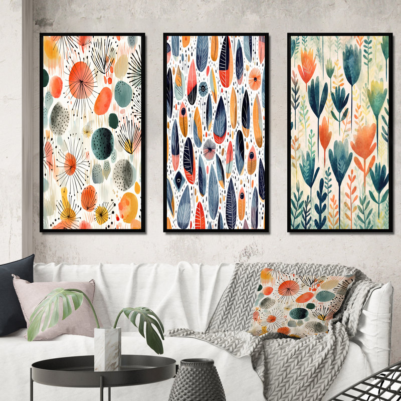 «Coral Teal Scandinave Flowers», 3 pièces, H 28 po x l 36 po, Cadre flottant noir