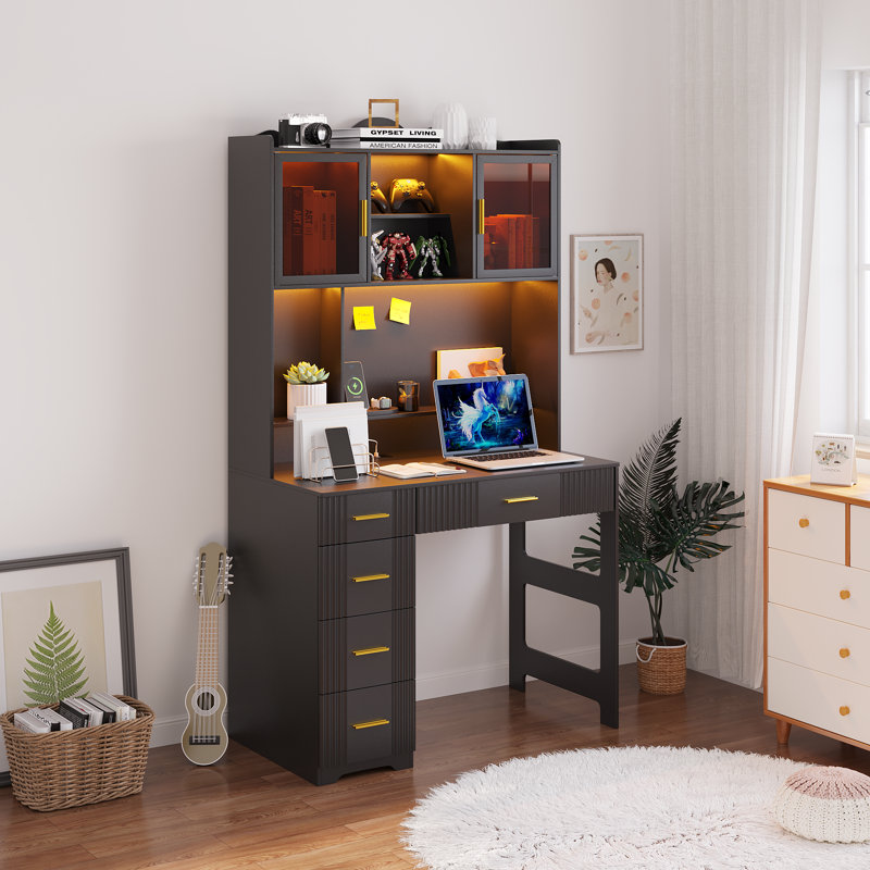 Computer Desk with Power Outlet, Black