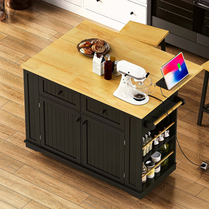 48Inch Large Kitchen Island With 2 Bar Stools, Power Outlet, Door Internal Storage Rack, Kitchen Storage Cart On 5 Wheels With Drop Leaf, 5 Open Side Racks, 2 Drawers,For Kitchen,Dining Room