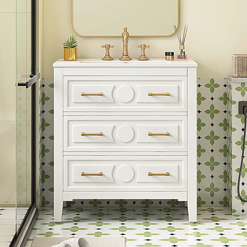 Armoire de salle de bain 30 po avec lavabo en céramique 30 po et 3 tiroirs, Blanc