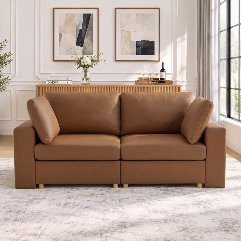 Upholstered Sofa with Storage, Solid Wood Legs and 2 Pillows, Brown Faux Leather, 2