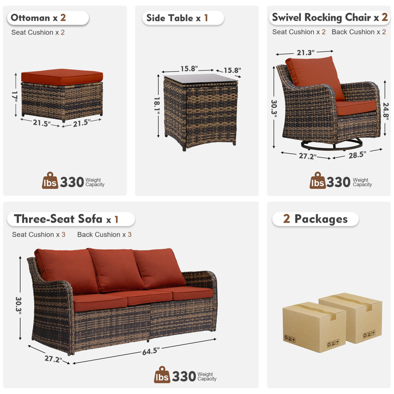  Patio Furniture Set With Swivel Rocking Chairs, 6 Pieces Patio Conversation Set, Outdoor Wicker Sofa Couch With Waterproof Cushions For Lawn Backyard Porch (Red)