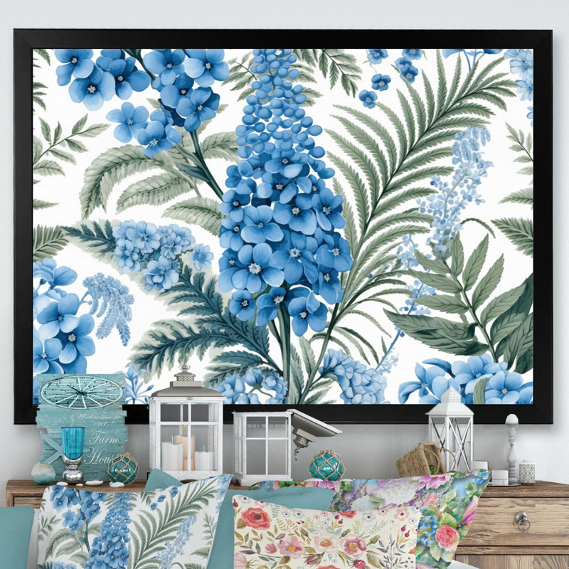 Fleurs de fougère bleue et blanche sur toile, Cadre photo noir, H 24 po x l 32 po x P 1 po