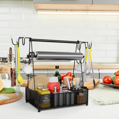 Portable Picnic Rack And BBQ Utensil Rack, BBQ Rack For Camping, Outdoor BBQ, BBQ Accessories Condiment Rack Storage Box For Kitchen, Buffet, Party (Black)