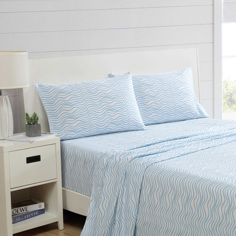 Ensemble de draps Nautica, Ensemble de draps pour grand lit avec 2 taies d'or, Abstrait bleu / blanc