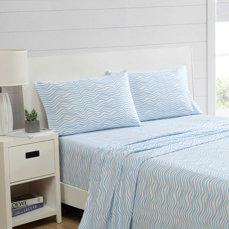 Nautica Ocean Breeze Cooling Striped Sheet Set, Queen Sheet Set with 2 Pillowcases, White/Blue Abstract