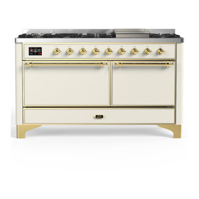 Cuisinière à double combustible 60 pouces avec 7 brûleurs scellés et plaque chauffante Majestic III Series en blanc antique (propane liquide, garniture en laiton)