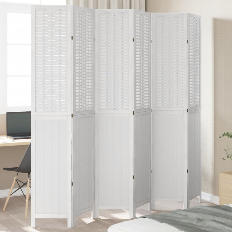  Room Divider 6 Panels White Solid Wood Paulownia, 86.6" H x 84.6" W x 0.63" D, White
