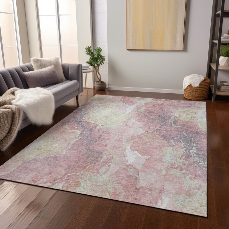 Tapis rose intérieur / extérieur lavable à la machine Xhevrie, Rectangulaire 3 pi x 5 pi