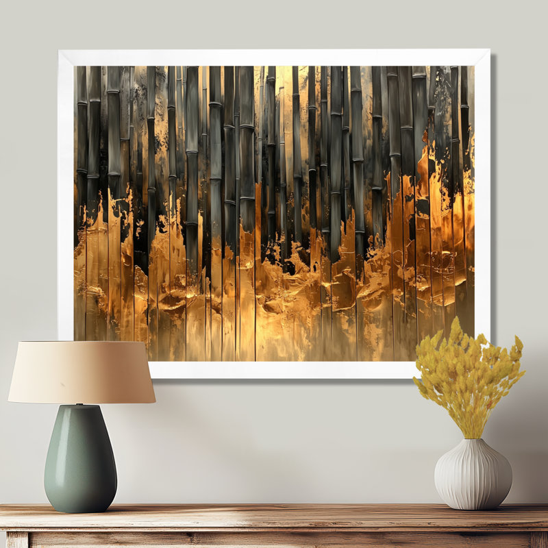 Golden Arashiyama Bamboo River I - art mural en bambou, H 30 po x l 40 po, Impression d'un seul cadre photo, Blanc