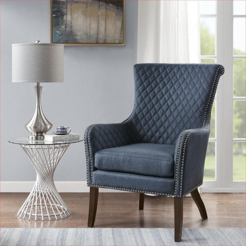 Ensemble de 2 fauteuils d'appoint modernes de 27 pouces, siège bleu classique en bois massif pour le salon