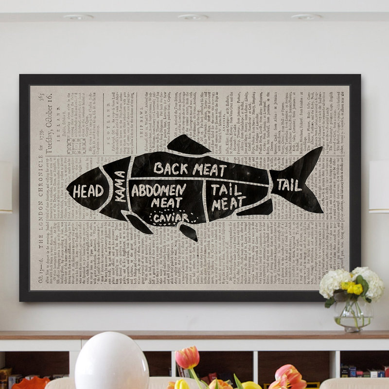 « fish morceaux ii », reproduction de peinture à l’aquarelle encadrée, H 24 po x l 36 po x P 1,5 po