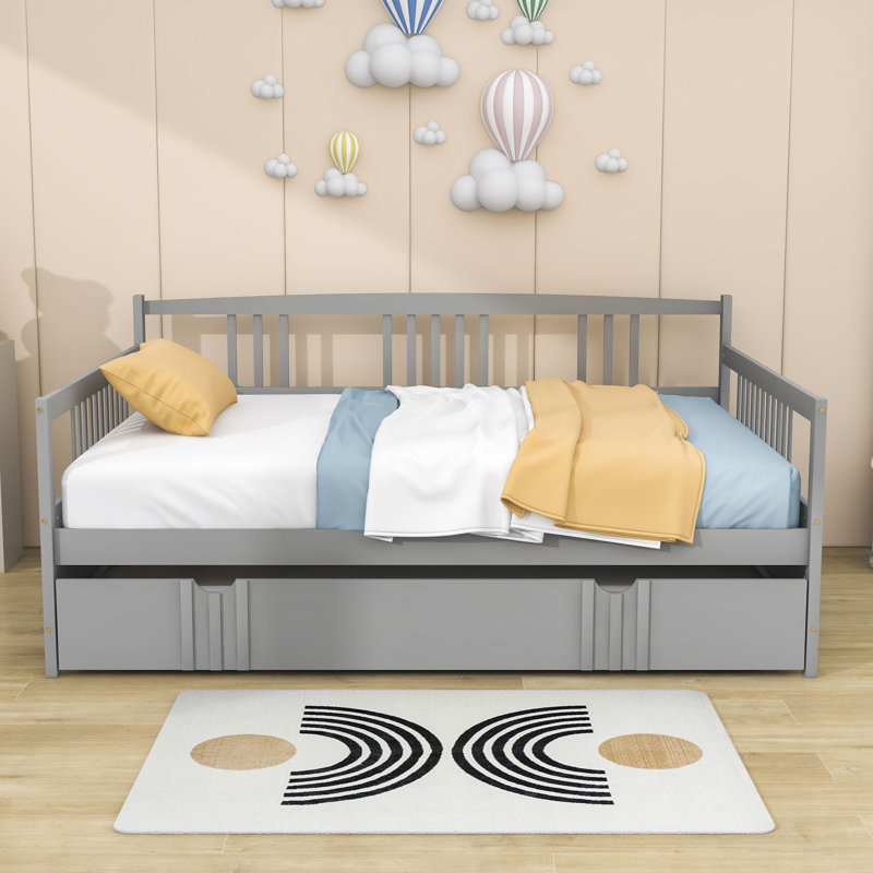 Lit de jour en bois avec couchette, gris, Double