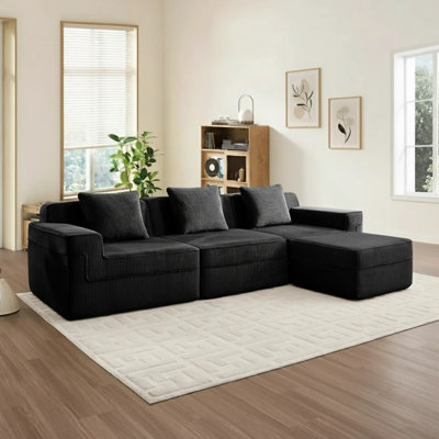 Compression Modular 3 Seat L Shape Sectional Boneless Sofa With Throw Pillows And 1 Movable Ottoman Corduroy