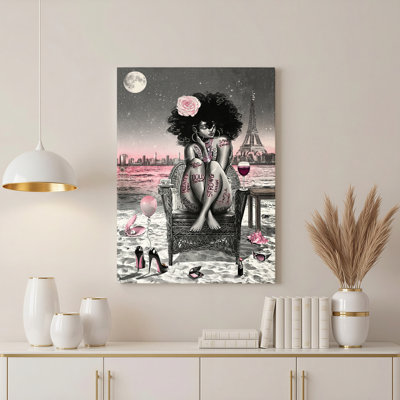 Tableau sur toile tendue représentant une femme afro avec une rose dans les cheveux et la Tour Eiffel en arrière-plan (lot de 1)