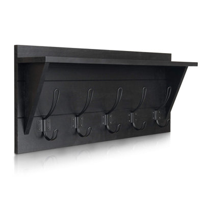 Wall Mounted Coat Rack Shelf, Rustic Wooden Country Style Entryway Shelf with 5 Rustic Hooks featuring Solid Pine Wood, (Black)