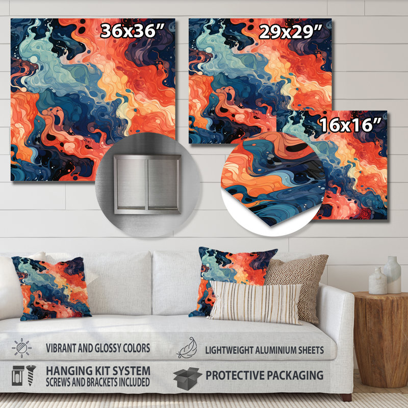 Encre liquide bleue et orange, «I», art mural abstrait à l'encre liquide, H 29 po x l 29 po
