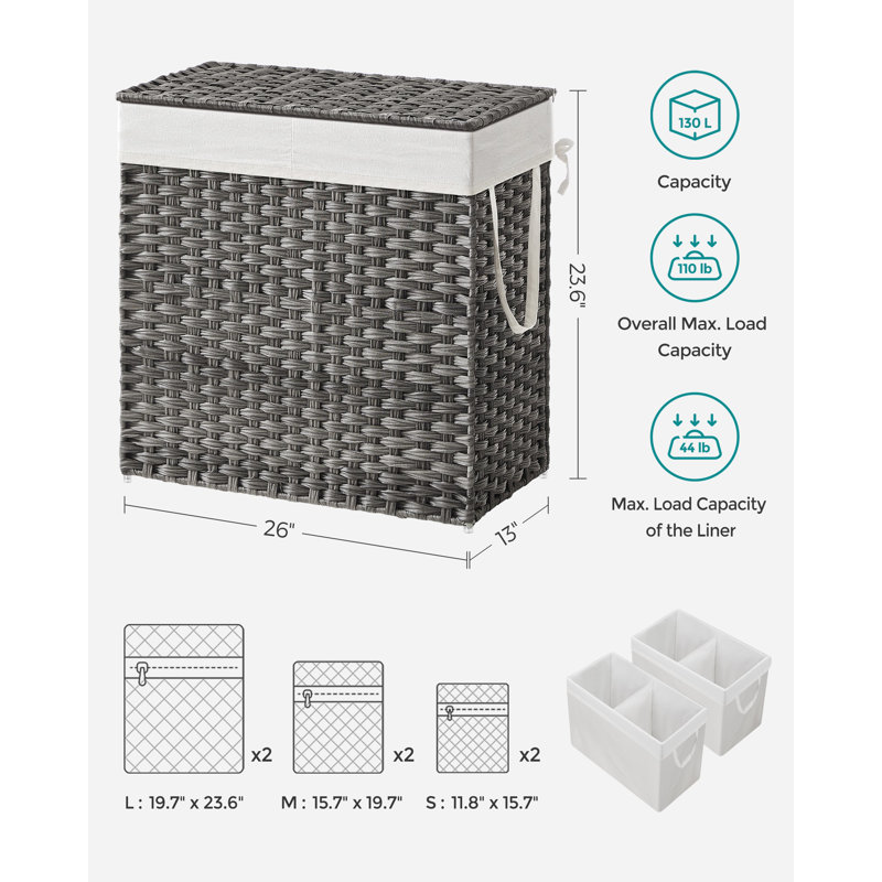 130l Clothes Hamper With 2 Removable Liner Bags, Gray