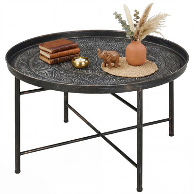 24" Round Coffee Table With Hammered Tray Top, Metal Frame Center Table For Living Room, Bedroom