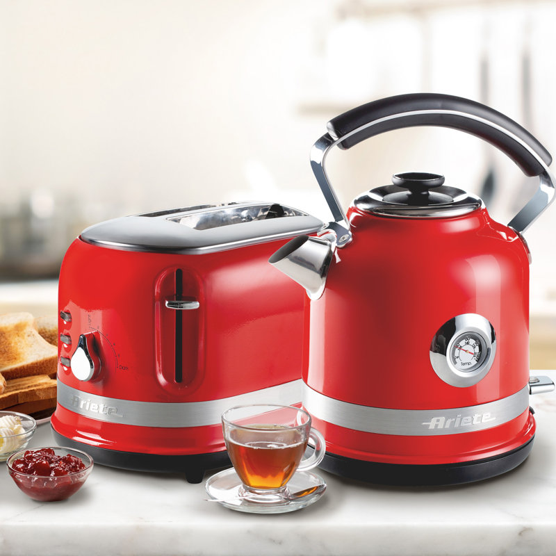 Ariete Moderna 1.7L Stainless Steel Kettle with 2 Slice Toaster Set, Red