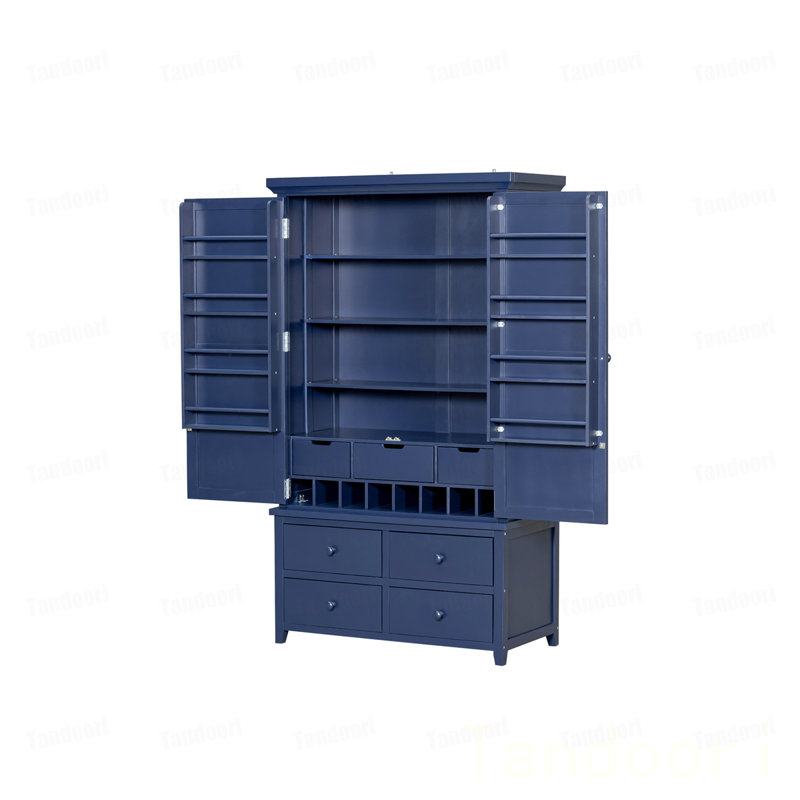 Grande armoire de rangement autoportante en bois avec 8 portes, 3 tablettes réglables, 7 tiroirs et 8 porte-bouteilles, Blue