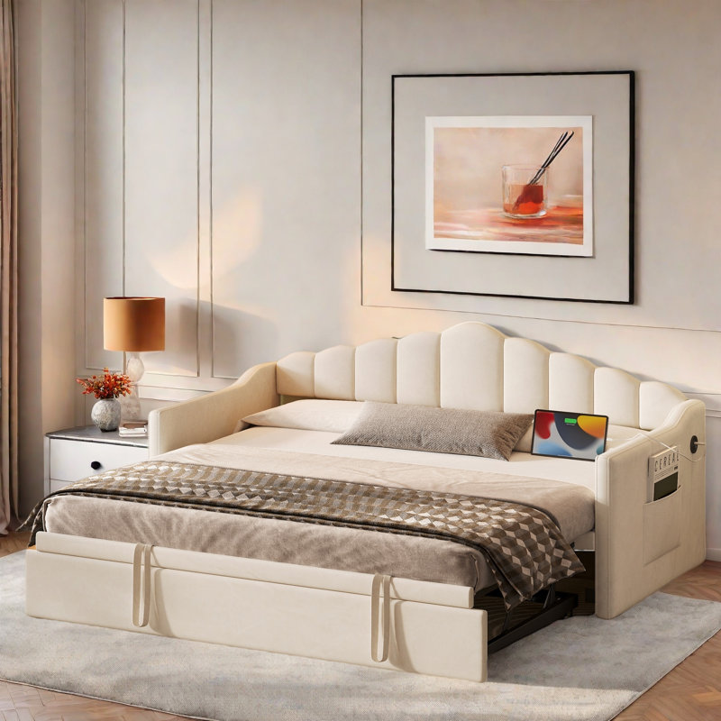 Upholstered Daybed With Pop Up Trundle, Charging Ports, 2 Side Pockets And Curved Backrest Design, Beige