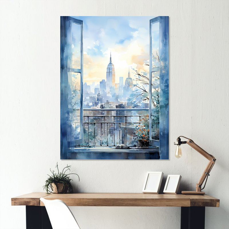 Art mural en métal rétro bleu New York Window View III - New York City, H 20 po x l 12 po x P 1 po