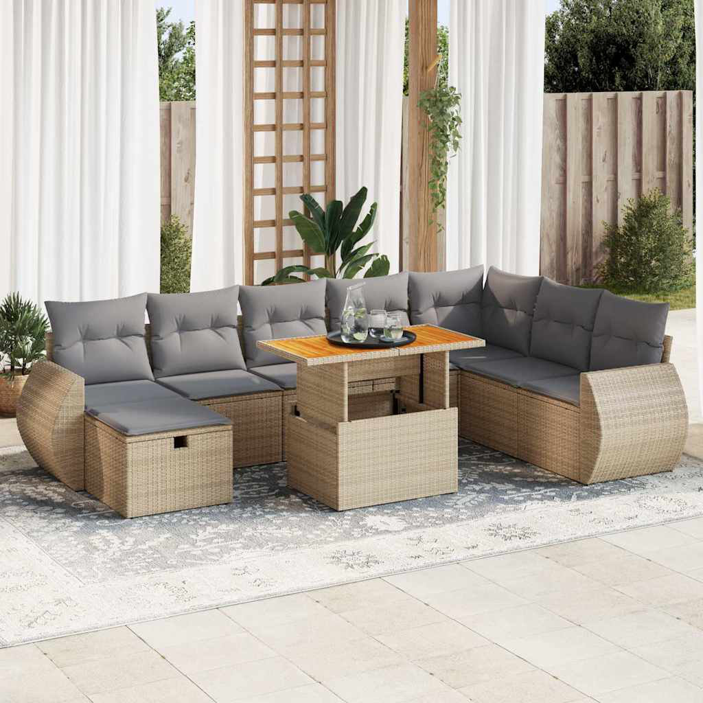 Vidaxl 9-Tlg. Garten-Sofagarnitur Mit Kissen Beige Poly Rattan Akazie