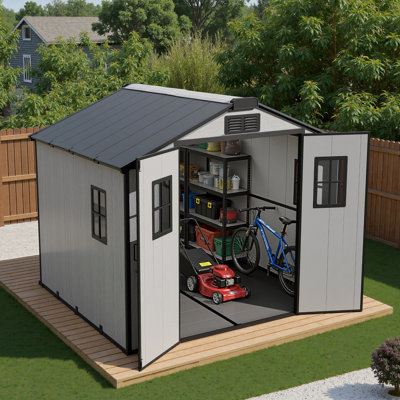Remise de rangement extérieure 8 x 12 pi grandes boîtes à outils en métal, maison de rangement robuste avec portes coulissantes avec évent pour la cour de jardin