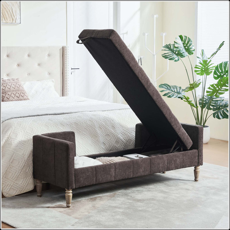 Banc de rangement en chenille 64,6 "avec design capitonné, accoudoirs et traversins, Café, Café