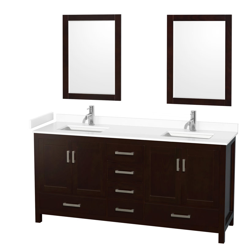 Sheffield 72" Freestanding Double Bathroom Vanity with Cultured Marble Top with 24" Mirrors, Espresso, White Cultured Marble